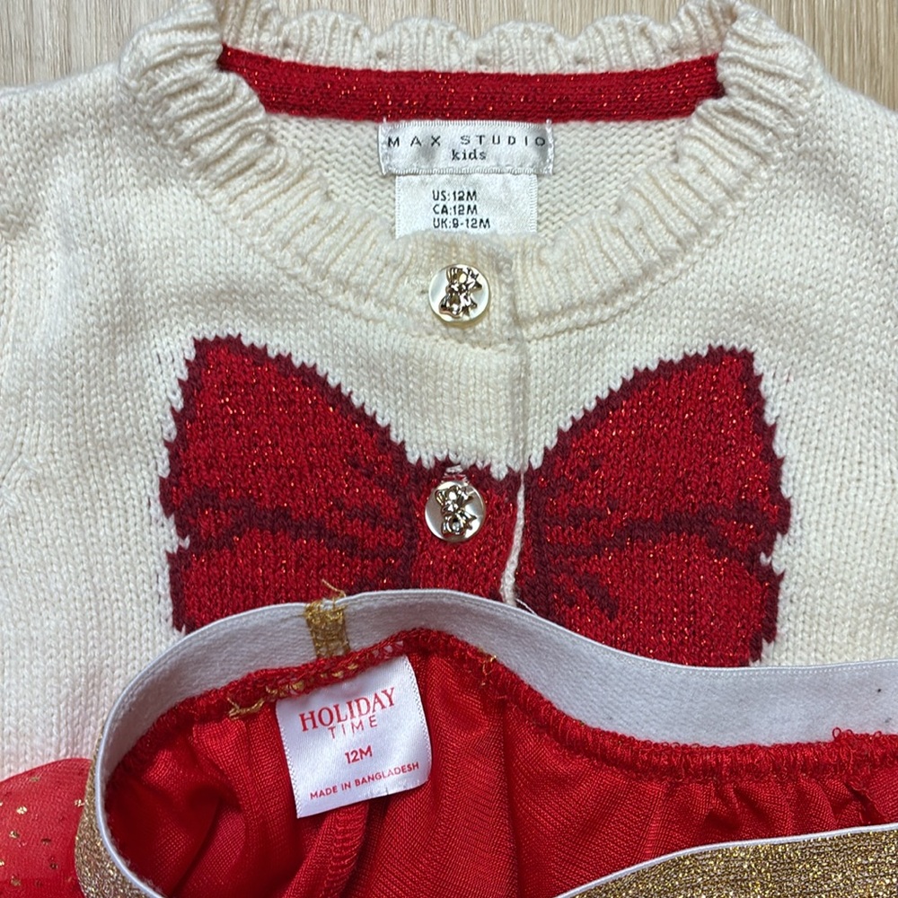 Max Studio Cream Cardigan with Red Bow and Gold Accent Skirt - Picture 2 of 4